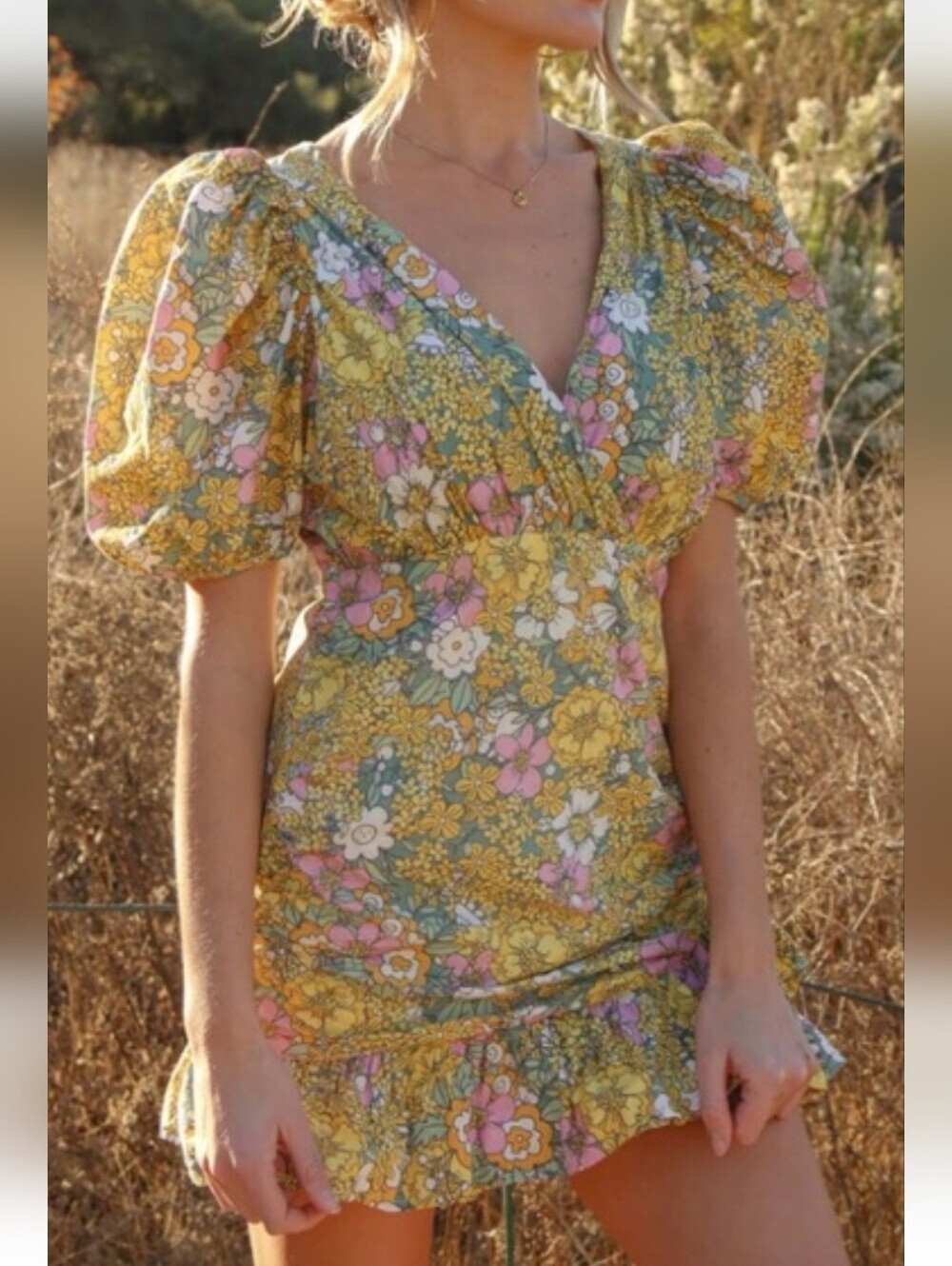 Anthropologie RAHI Petra Retro Floral Faux Wrap Puff Sleeve Mini Dress size M